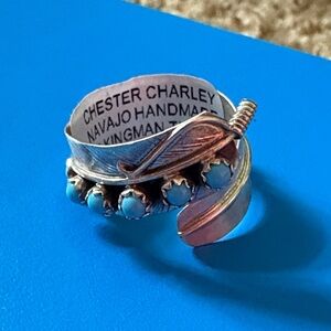 Chester Charley Navajo Sterling Silver and Turquoise Adjustable Feather Ring NWT